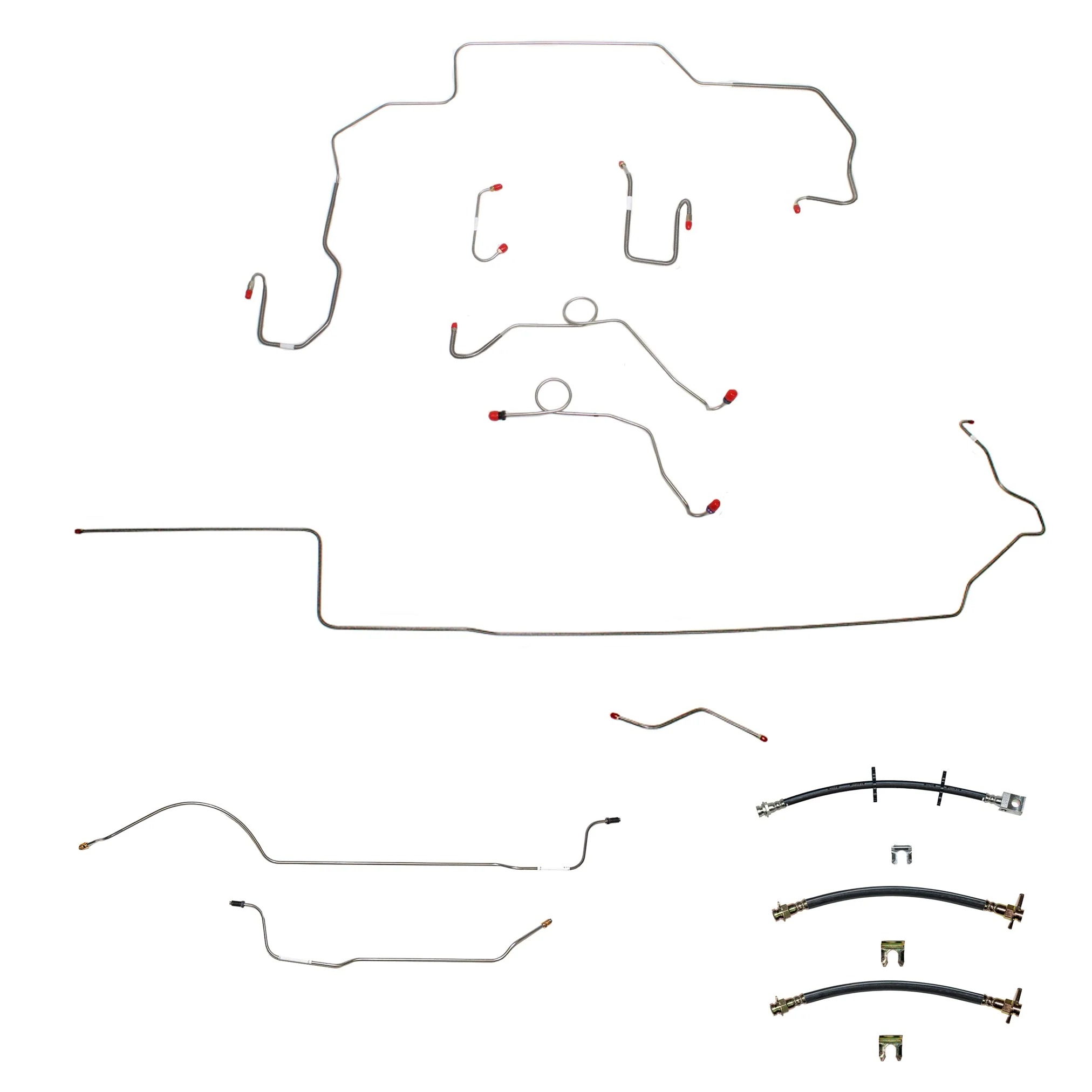 68-69 Mopar B-Body, Non-Hemi, Power Disc Brakes, Left Ported Master Cylinder, Right Front to Fender then Rises 4.5'' Above Bell housing then routes UNDER Frame Rail, 8 3/4 Axle; Complete Brake Line and Hose Kit - Image 2